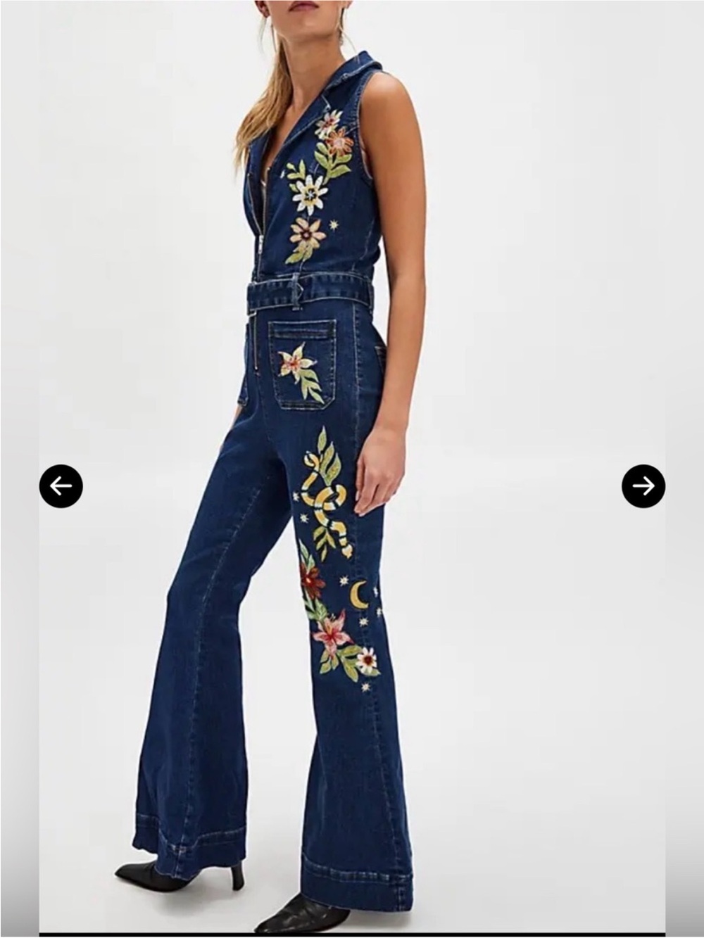 Peekskill Sz Large Embroidered Dark Blue Denim Jumpsuit with Belted Waist • NEW! - Picture 2 of 12